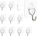 Adhesive Wall Hooks No Damage, Stick On Hooks for Hanging 10 Pack - Transparent Stainless Steel 5KG Heavy Duty, Waterproof Removable (5x5cm) Kitchen Bathroom Office, Ganchos para Pared (XL)
