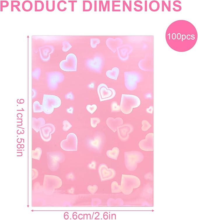 100pcs Holographic Colors Card Sleeves, 3.58x2.6in/91x66mm Colored Heart-Shaped - Image 2