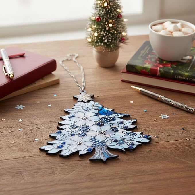 Blue Jay Christmas Tree Acrylic Suncatcher, Faux Stained Glass Indoor Window - Image 2