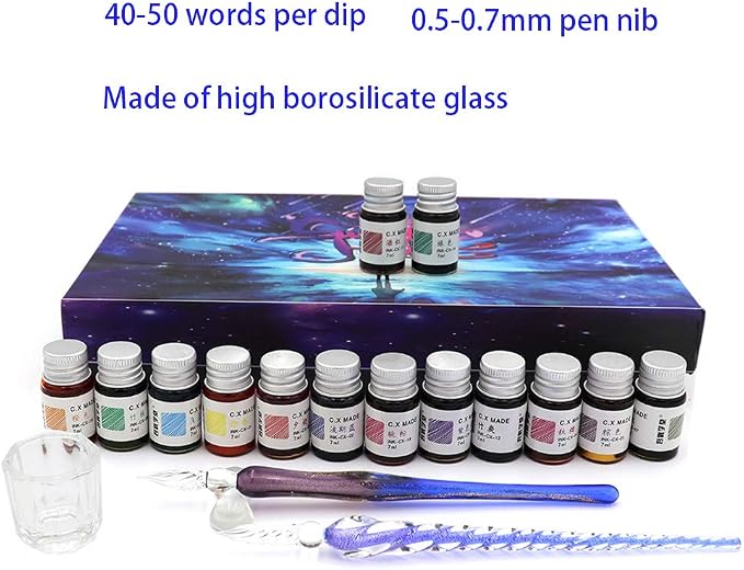 AXEARTE Glass Dip Calligraphy Pen Set, 18-Pieces 14 Color Inks, Pen Holder - Image 3