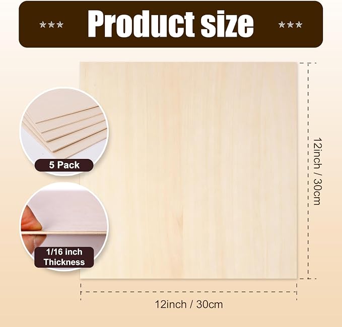 5Pack Balsa Wood Sheets Basswood Craft Plywood 12"x12"x1/16 | Smooth Wood Blanks - Image 2