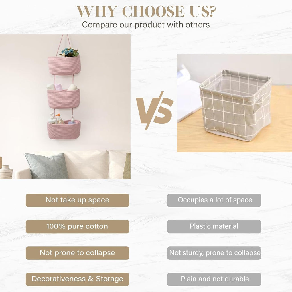 TeoKJ 3-Tier Wall hanging Storage Bags, Over the Door Organizer, Decorative Cotton Rope Hanging Baskets, Pink
