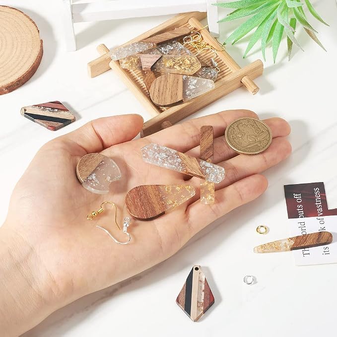 FASHEWELRY 24Pcs Gold Foil Resin Wood Earring Charms Teardrop Drop Rectangle - Image 5