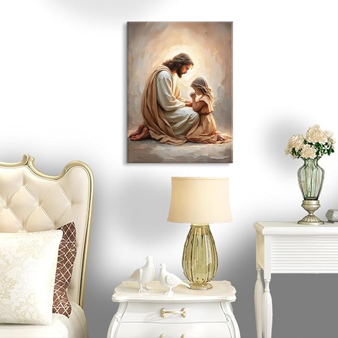 Jesus Praying with Girl Wall Art Canvas Poster Print, 8x10in | Wrapped Canvas - Image 5