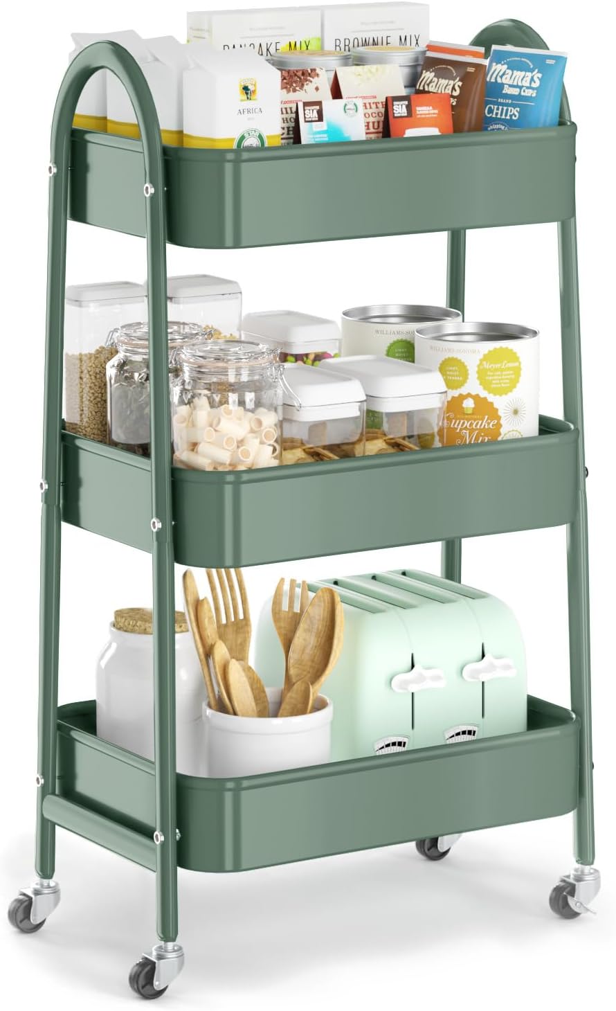 EAGMAK 3 Tier Utility Rolling Cart, Metal Storage Cart with Handle and Lockable Wheels, Multifunctional Storage Organizer Trolley with Mesh Baskets for Kitchen, Living Room, Office, Garage (Jungle)