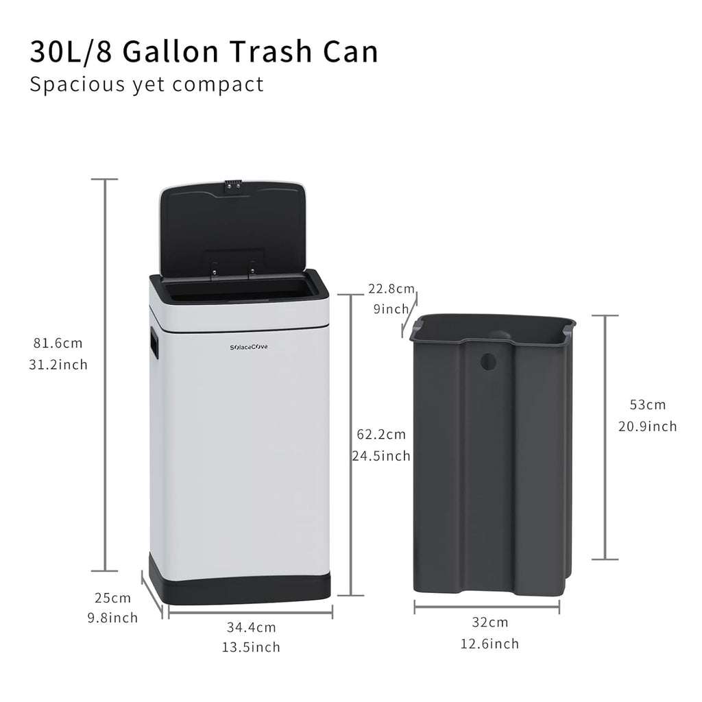 8Gallon/30L Brushed Stainless Steel Kitchen Trash Can with with Press Top Lid,Garbage Can with Inner Bucket(White)