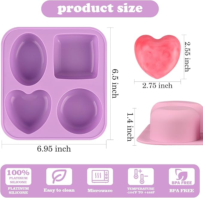 Sakolla 3 Pack Silicone Soap Molds, 4 Cavities Heart, Round and Oval Silicone - Image 3