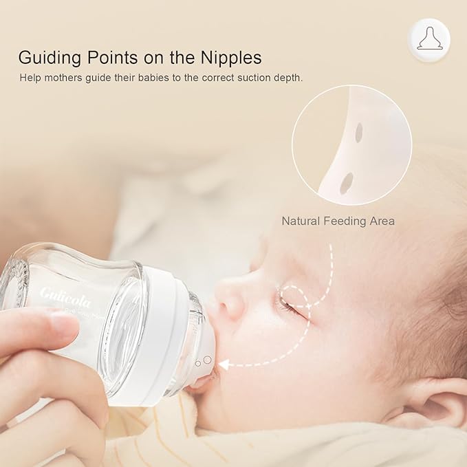 Gulicola Natural Glass Baby Bottle 8 oz for Breastfed Babies, Anti-Colic Baby Bottle Set with Medium Flow Nipple, 3 Months +, 4 Pack - White