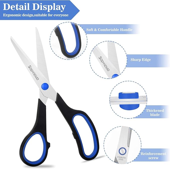 6 Pcs 8” Scissors, Sharp Stainless Steel Comfort Grip - Image 7