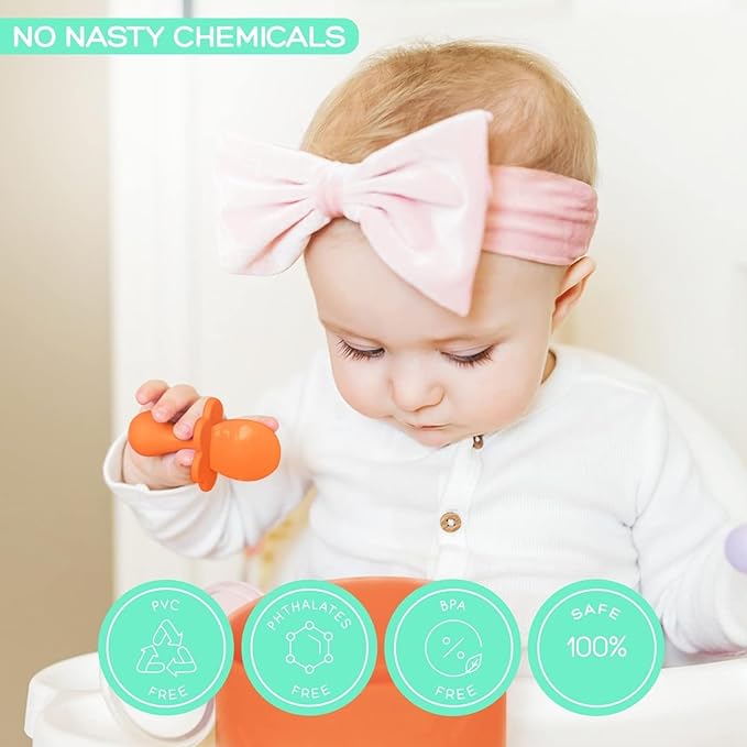 Grabease Baby Feeding Utensils Set - Infant and Baby Fork and Spoon for Ages 1-11 Months, BPAs and Phthalate-Free Cutlery, 2 Sets, Mint and Orange