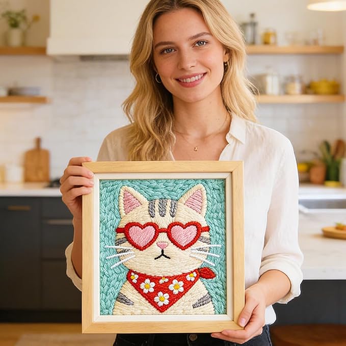 INFUNLY Cool Cat Punch Needle Kit Heart Cat DIY Embroidery Punch Needle Set - Image 6