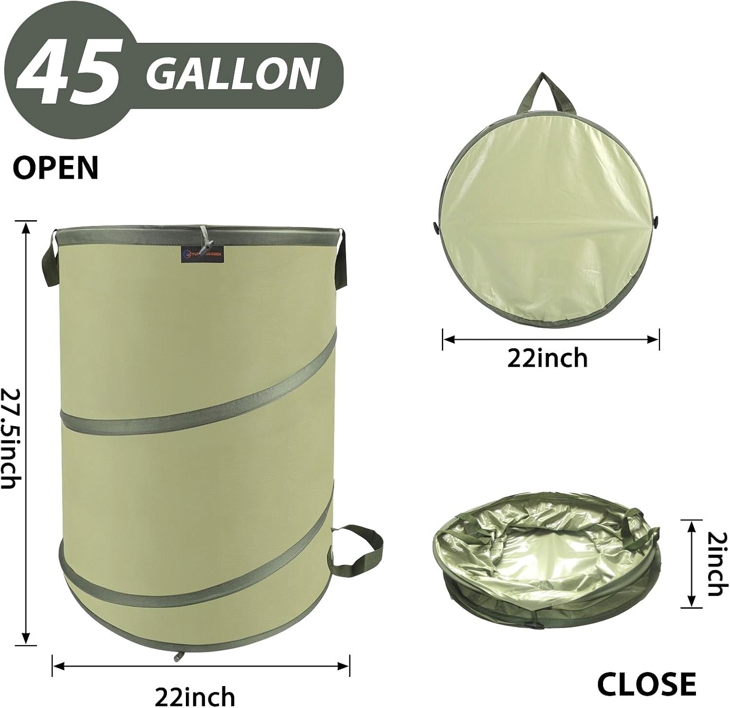 YUDI & GARDEN 45 Gallon Collapsible Garden Bag｜Collapsible Trash Can｜Camping Trash Can, Use for Gardening Cleanup or Party Waste and Outdoor Activities
