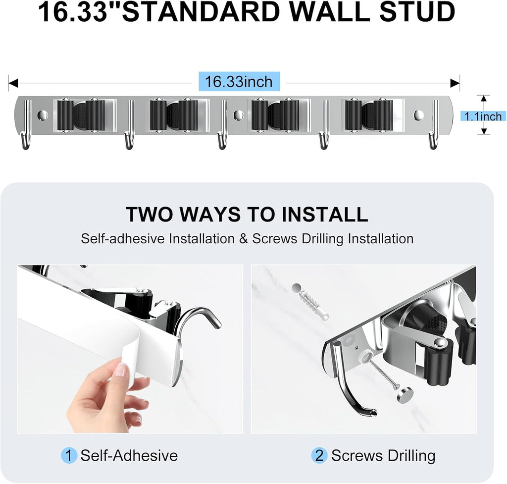 nacena Broom holder Wall Mount, 2-Pack Silver Stainless Steel Self-Adhesive Mop and Broom Hooks Heavy Duty Broom and Mop Storage Rack laundry room organization for Kitchen Garden garage