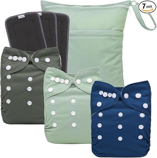 babygoal Reusable Charcoal Cloth Diapers with Double Gussets, 3 Pack Washable Baby Pocket Diapers with 3pcs Charcoal Inserts and Wet Dry Bag(Dark Grey,BeanGreen,Lake Blue)