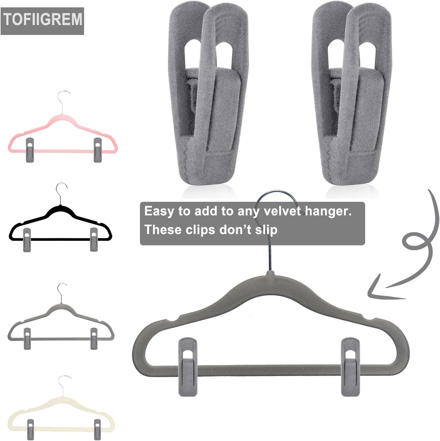 Grey Velvet Clips for Velvet Hangers - 20 PCS Gray Non Slip Velvet Hanger Clip, Pants Hanger Velvet Clips Fit for Slim Velvet Hangers, Clothes-pins for Grey Velvet Hangers