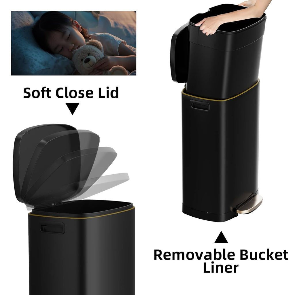 13 Gallon Trash Can with Lid, 50L Fingerprint Proof Stainless Steel Kitchen Trash Can with Removable Inner Bucket and Lid Soft Close, Pedal Rubbish Bin for Home Office, Black