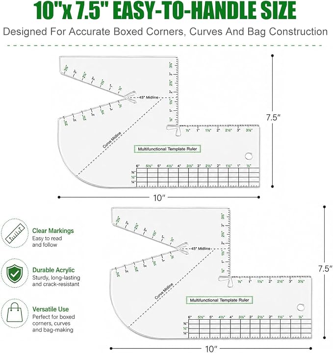 2 Pack Boxed Bag Making Template, 7.5x10 Inch Acrylic Patchwork Ruler Sewing - Image 2