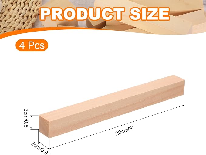 MECCANIXITY 4Pcs Basswood Carving Block, 0.8"x0.8"x8" Square Wooden Dowels - Image 2