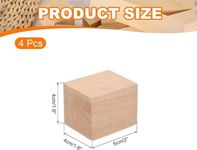 MECCANIXITY 4Pcs Basswood Carving Block, 1.6"x1.6"x2" Square Wooden Dowels - Image 2