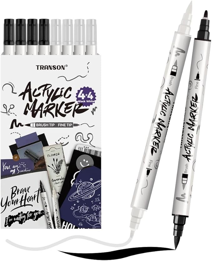 TRANSON 4 Black and 4 White Paint Markers Brush and Fine Dual-tip Acrylic Paint by Transon