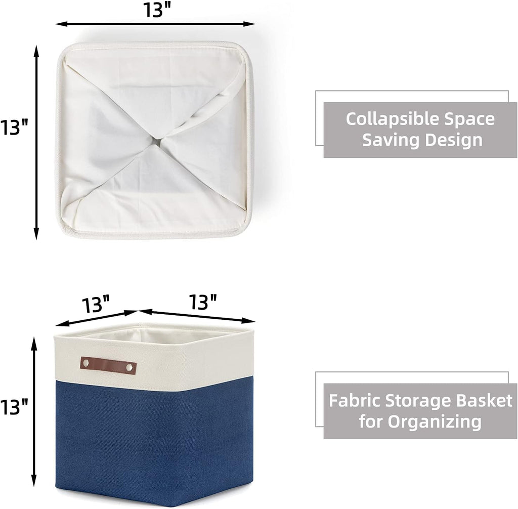HNZIGE Baskets Fabric Storage Cubes Bins Baskets(3 Pack) Storage Baskets Cube for Shelf, Large Collapsible Organizer Closet Baskets,13x13 Toy Baskets with Leather Handle(White&Blue)