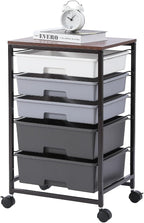 SYKIARIOL Utility Cart with 5 Drawers, Storage Drawer Cart with Wooden Tabletop by SYKIARIOL