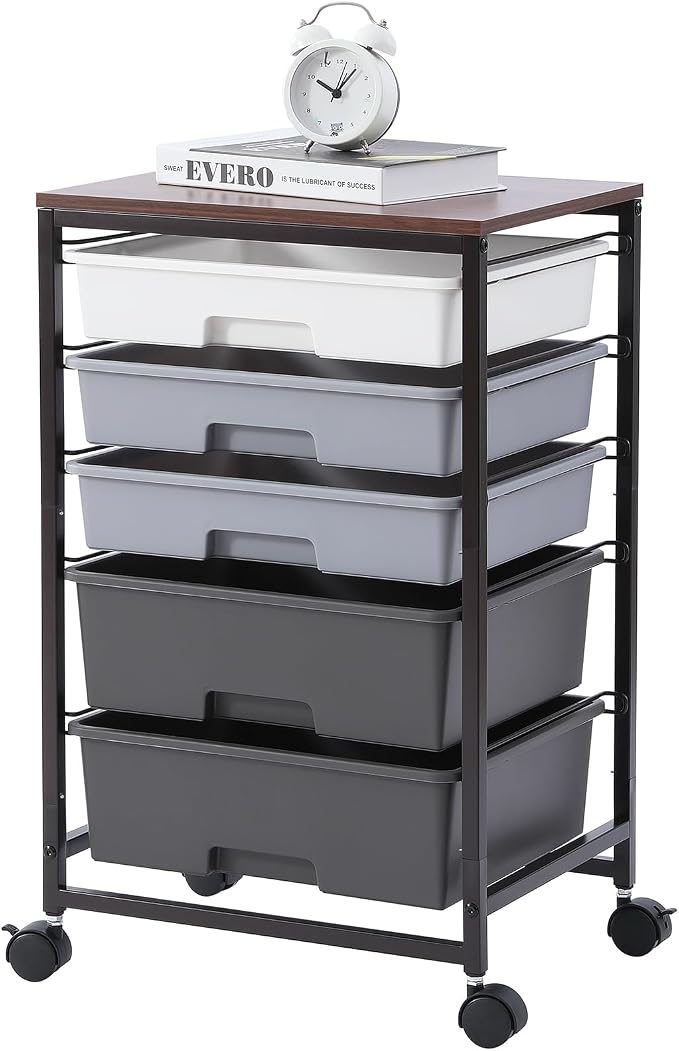 SYKIARIOL Utility Cart with 5 Drawers, Storage Drawer Cart with Wooden Tabletop by SYKIARIOL