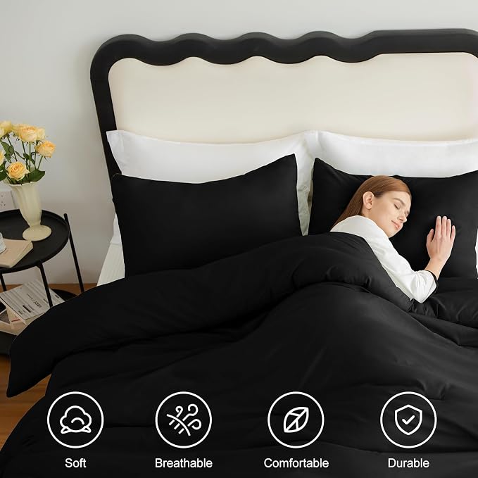 CozyLux King Size Comforter Set Black, 3 Pieces Solid Comforters King Size - Image 4