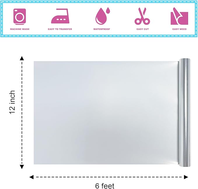 Metallic Silver Foil Heat Transfer Vinyl 12Inch*6Ft Bundle Chrome HTV in - Image 2