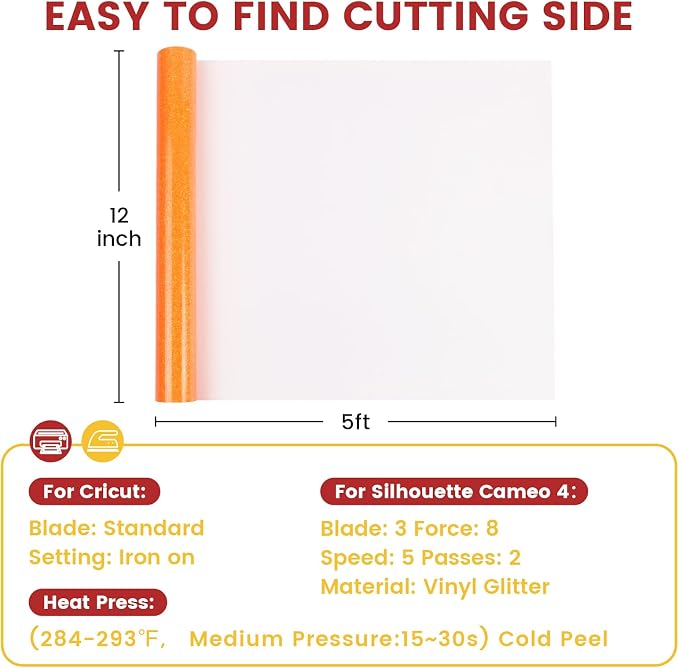 DUEUIOE Fluorescent Orange Glitter Heat Transfer Vinyl 12" x 5FT - Image 2