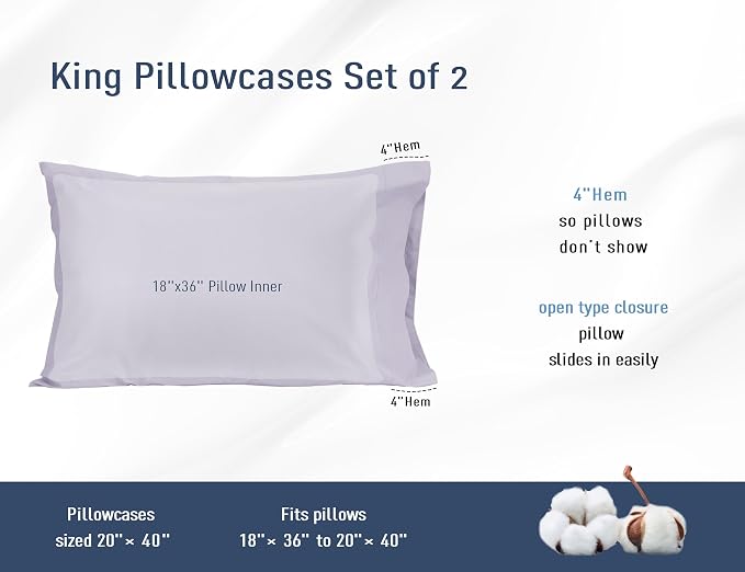 Pillow Cases, King Size Cotton Percale Weave Pillowcases, Pre-Shrunk Breathable - Image 3