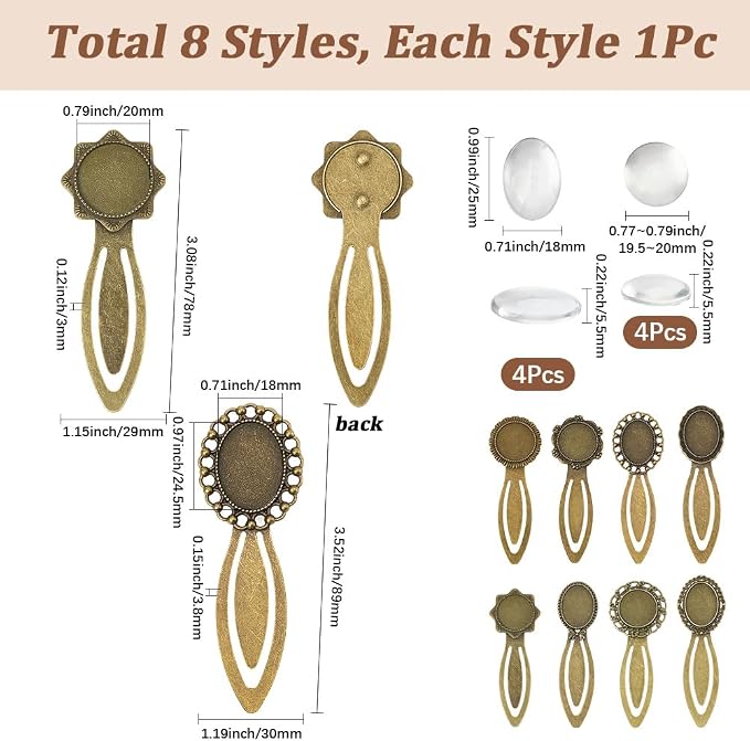 SUNNYCLUE 1 Box 8 Sets Bronze Bookmarks Cabochon Tray Bookmark Alloy Metal - Image 2