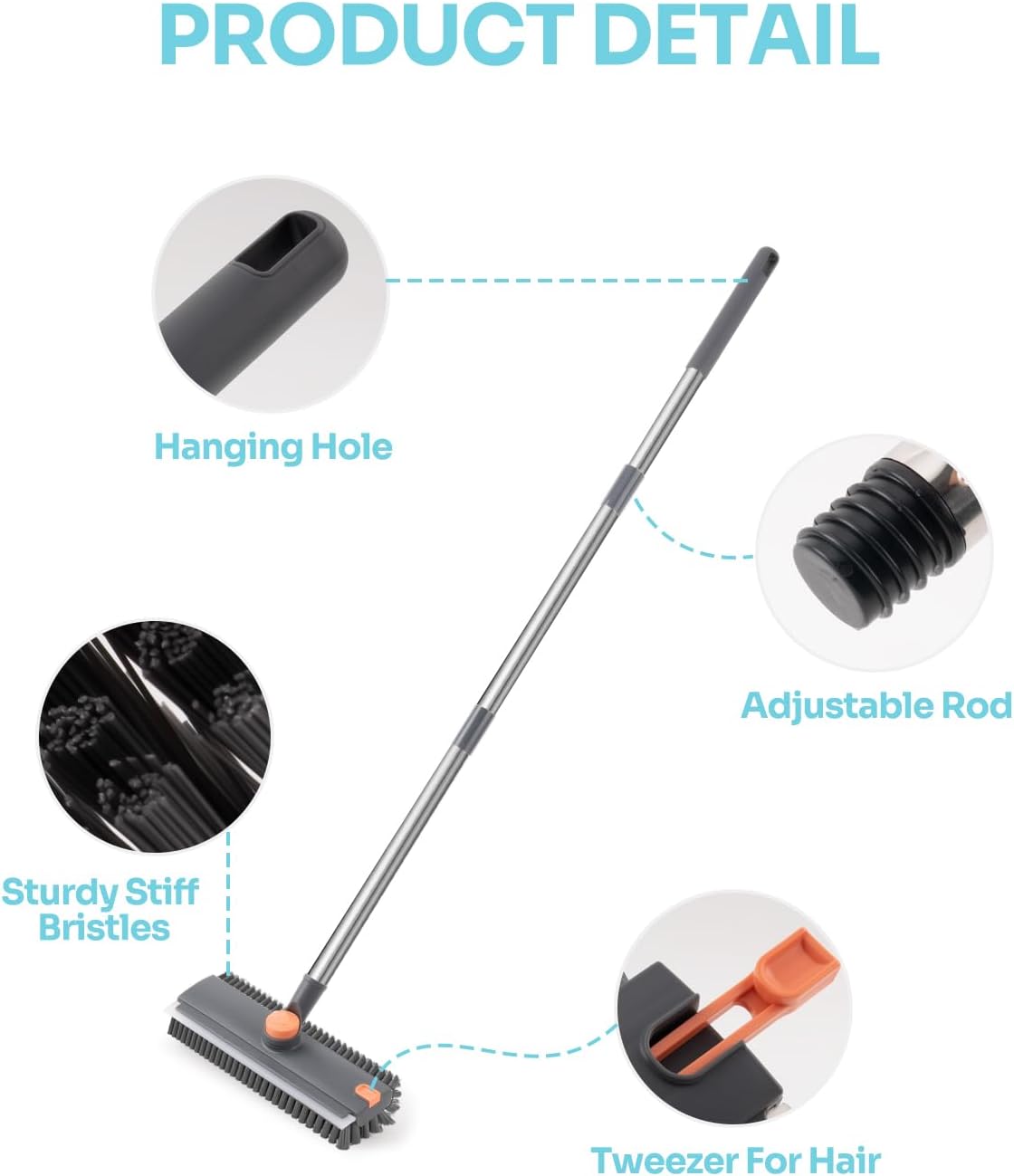 3-in-1 Floor Scrub Brush with Long Handle, Scrape and Heavy-Duty Stiff Bristle Floor Scrubber Brush, Floor Brush with Squeegee and Tweezerfor Cleaning Bathroom, Garage, Wall and Deck