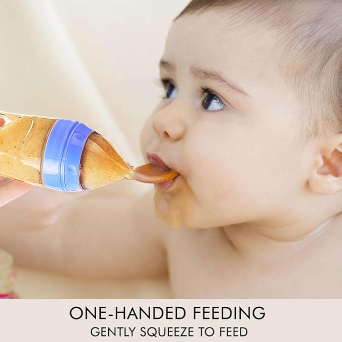 Matyz 2 PCS Silicone Baby Food Dispensing Spoon (Blue, 4oz/120ml) Squeeze Feeder with Spoon - Spoon Bottle for Baby - Baby Spoon Feeder Bottle Baby Solid Food Feeder - Ideal for 4 Months+ Babies