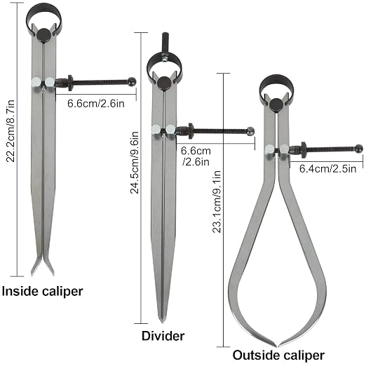 3 Piece Spring Caliper/Divider Set, 8 inches Inside Spring Outside Divider - Image 2
