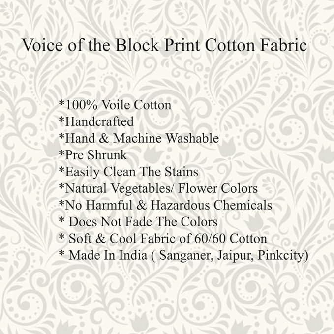 E-Tailor® Indian Ethnic 100% Cotton Voile Running Hand Block Print Natural - Image 4