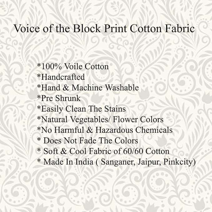 E-Tailor® Indian Ethnic 100% Cotton Voile Running Hand Block Print Natural - Image 4
