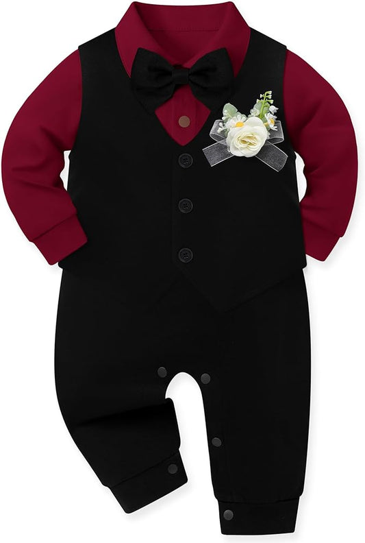 Baby Boy Clothes Gentleman Baby Suit Long Sleeve Romper+Vest+Bow Tie+Corsage 4Pcs Boys Formal Jumpsuit