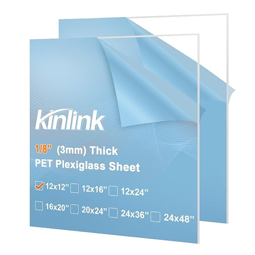 KINLINK 12x12 Plexiglass Sheets 1/8 inch Thick, 3mm Clear PET Plastic Sheet by KINLINK