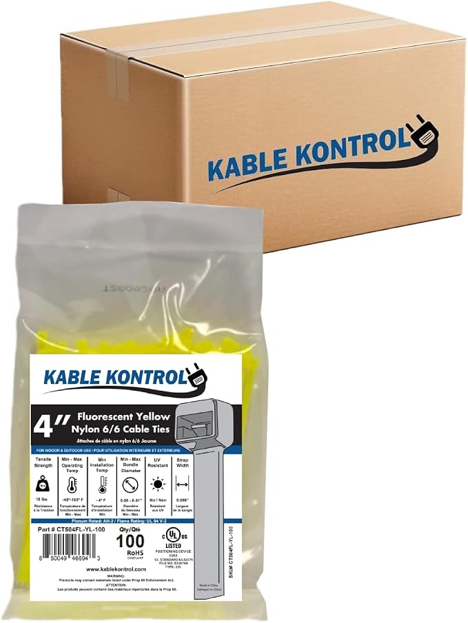 Kable Kontrol Fluorescent Yellow Zip Ties 4 Inch 40, 18 Lbs Tensile Strength by KABLEKONTROL%C2%AE