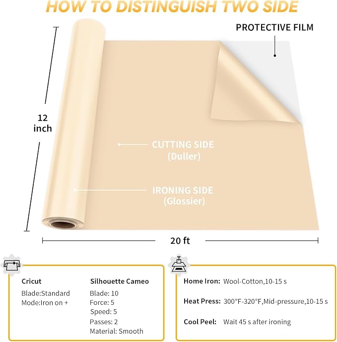 VinylRus Heat Transfer Vinyl-12” x 20ft Pale Peach Iron on Vinyl Roll - Image 5