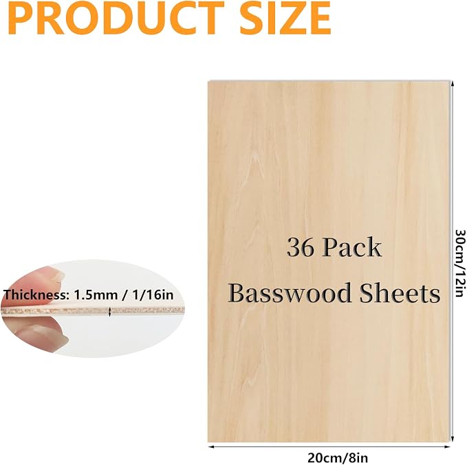 36 PCS Basswood Sheets for Crafts 8 x 12 x 1/16 in, 1.6mm Thick Unfinished - Image 2