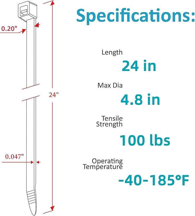 Long Zip Ties Heavy Duty 24 inch, WLEAD Cable Zip Ties Outdoor UV Resistant - Image 2