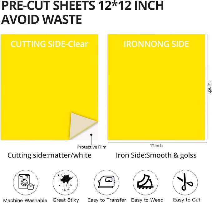 Dysania Yellow Heat Transfer Vinyl, 10 Pack 12 x 12in Yellow HTV Vinyl | Iron - Image 2