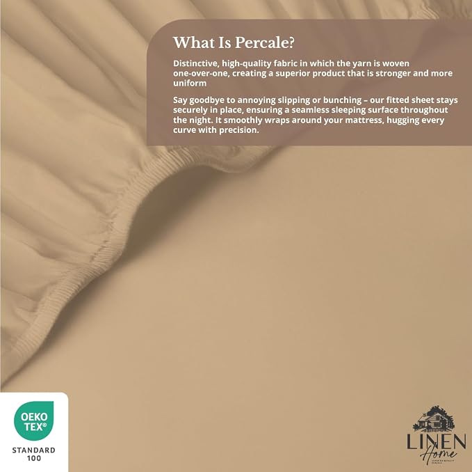 Linen Home 100% Cotton Percale Weave Fitted Sheet, Queen Size, Light Taupe - Image 4