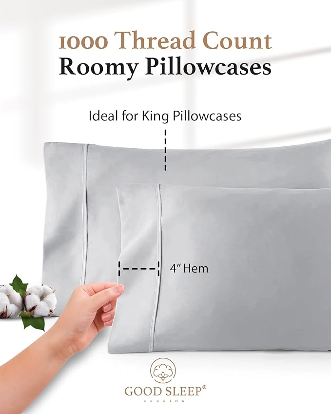 1000 TC Light Gray King Pillowcases Set of 4 100% Egyptian Cotton Pillow Cases - Image 3