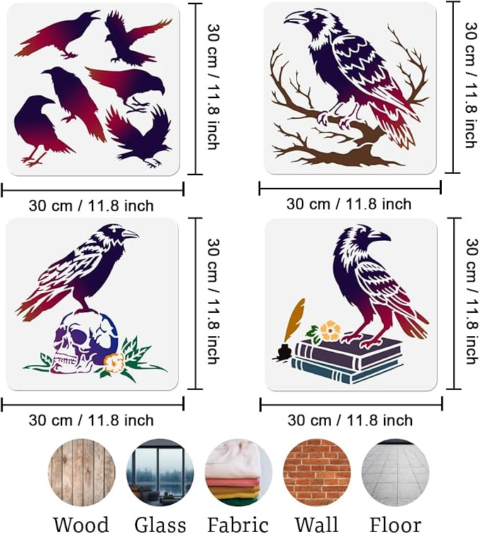 4Pcs Crow Stencils for Painting, 11.8"x 11.8" Reusable Horror Bird Stencil - Image 2