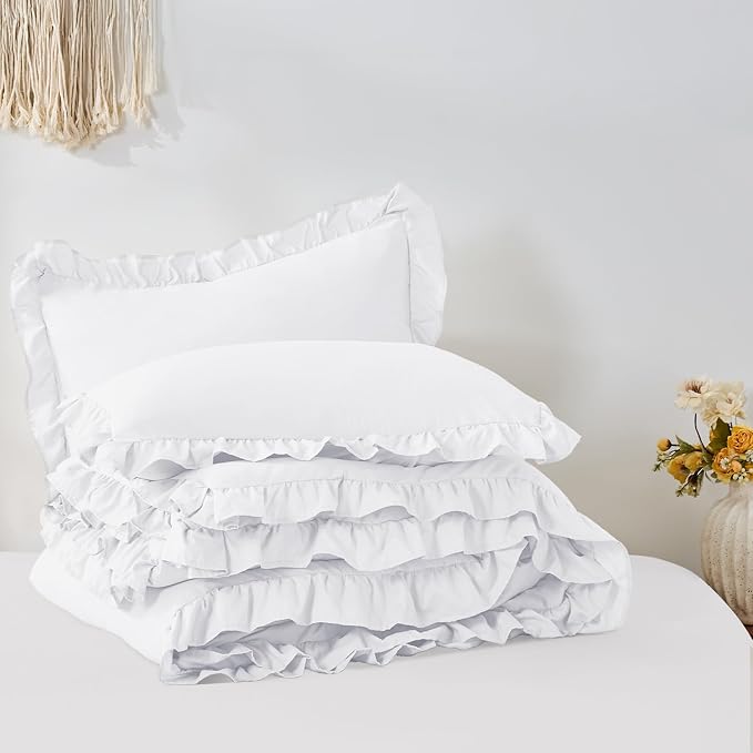 FUANNA Queen Comforter Set White 3 Pieces, Ruffle Shabby Chic Queen Bed Set - Image 9