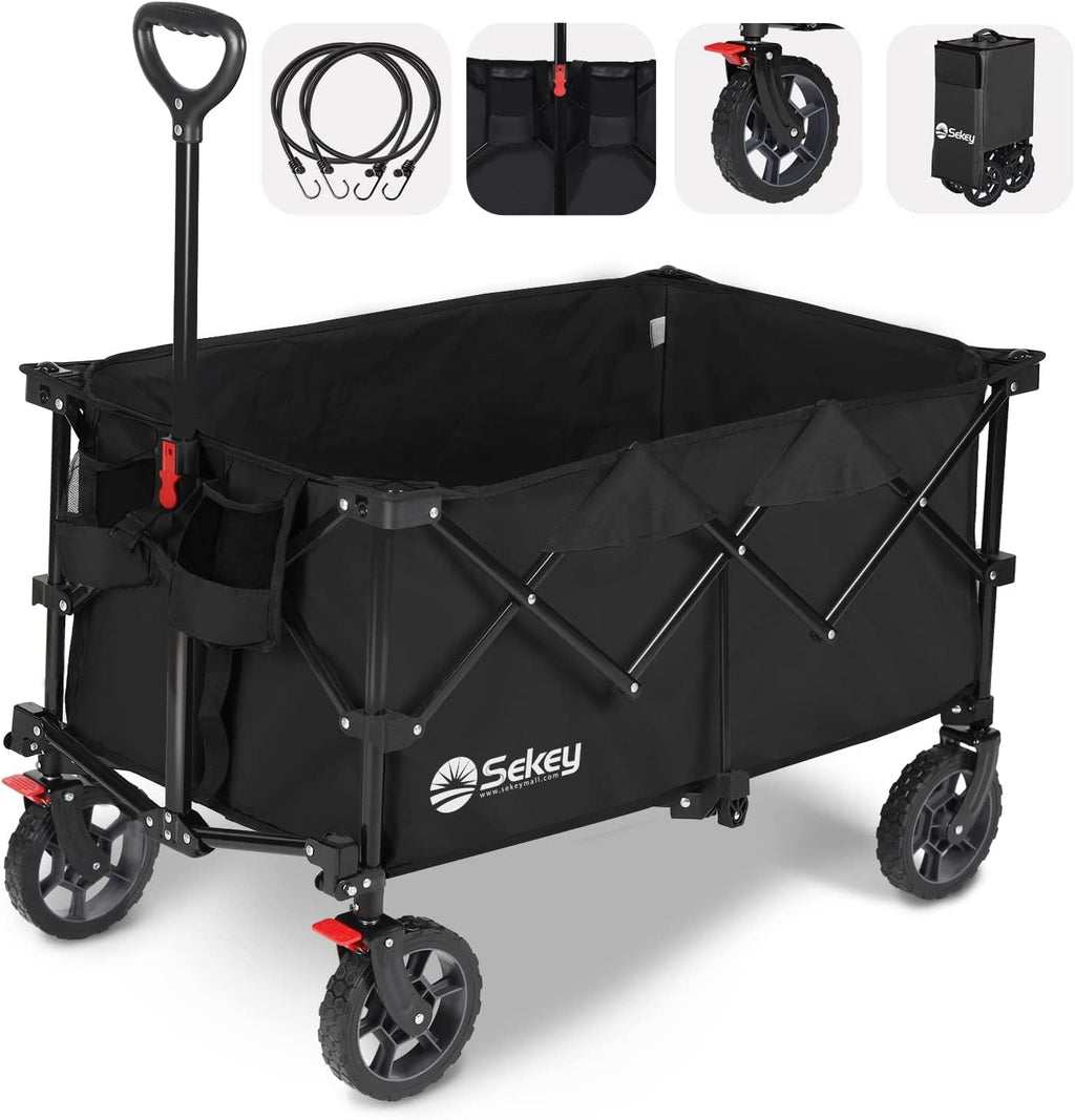 Sekey 220L Collapsible Foldable Wagon with 330lbs Weight Capacity, Heavy Duty Folding Wagon Cart with Big All-Terrain Wheels & Drink Holders (Black)