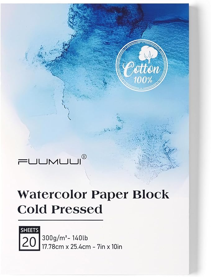 Watercolor Paper Block 7x10 Inch, Fuumuui 100% Cotton Paper Pad, 20 Sheets by FUUMUUI